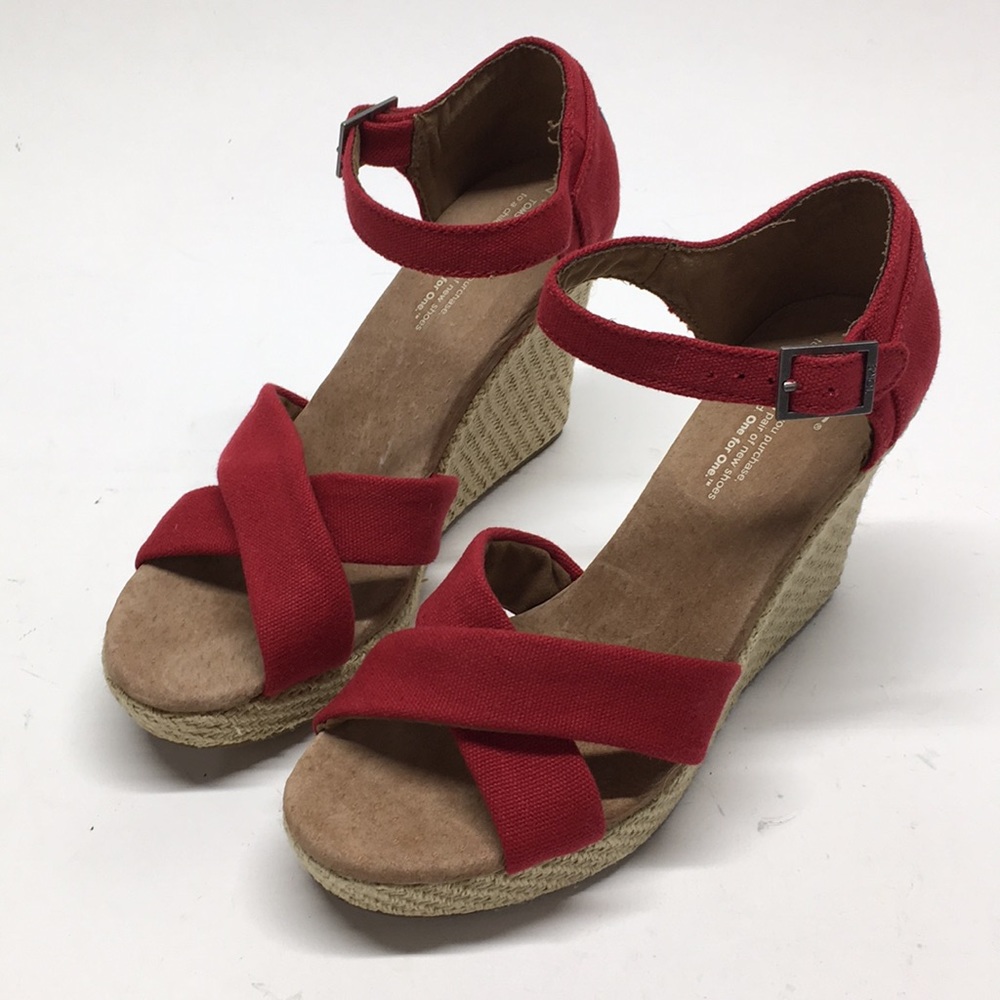 Toms Red Canvas Ankle Strap Wedge Heel Womens 7